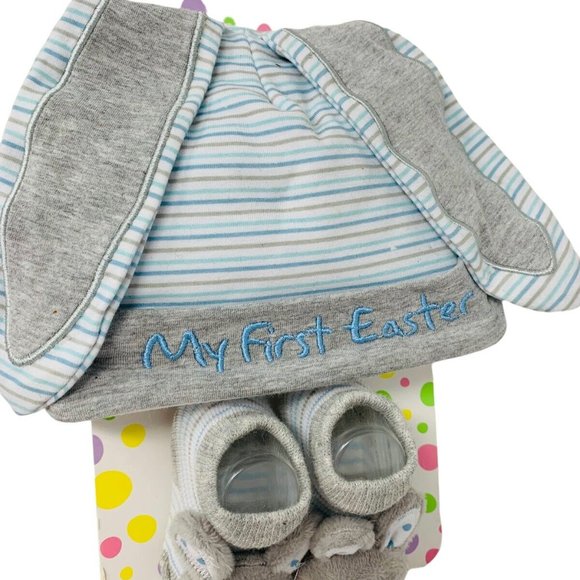Little Me My First Easter Bunny Ear Beanie & Rattle Socks Set Blue Grey - Picture 3 of 4